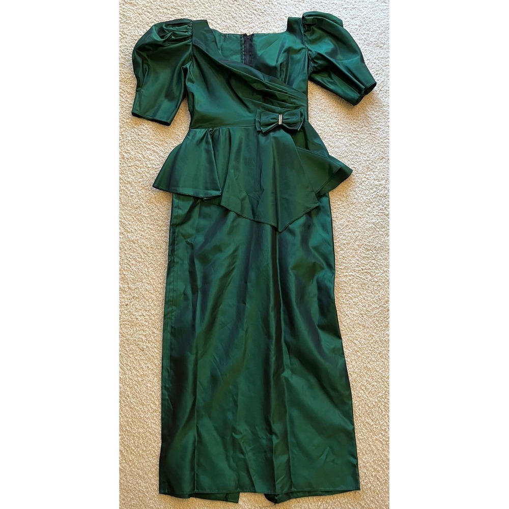 Vintage 80s Dark Green Gown Dress Size 14 Union Made USA Puffed Sleeve Bow Gown